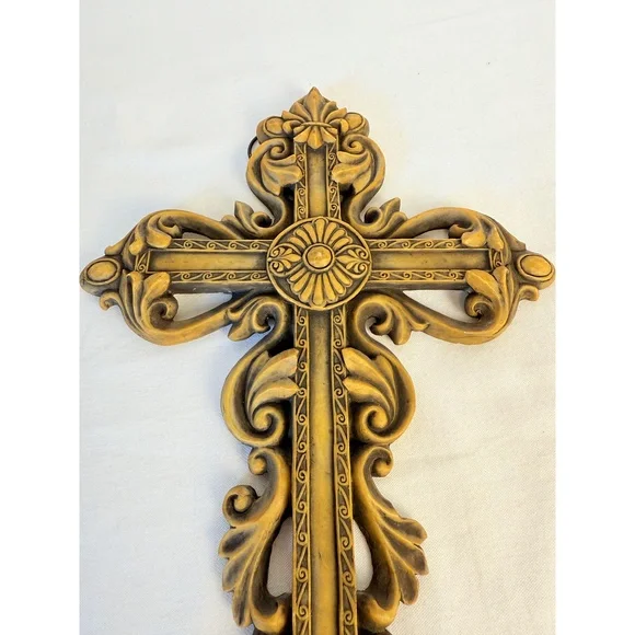 Ornate Gold Decorative Floral Fleur-de- lis Hanging Hook Baroque Wall Cross - Picture 6 of 13